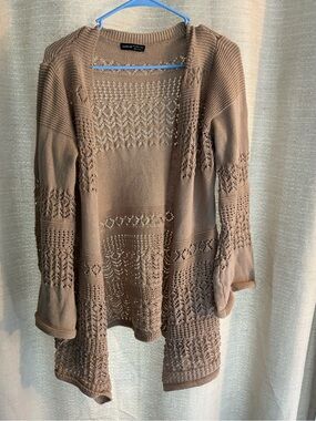 SHEIN Taupe Open-Front Crochet Knit Cardigan